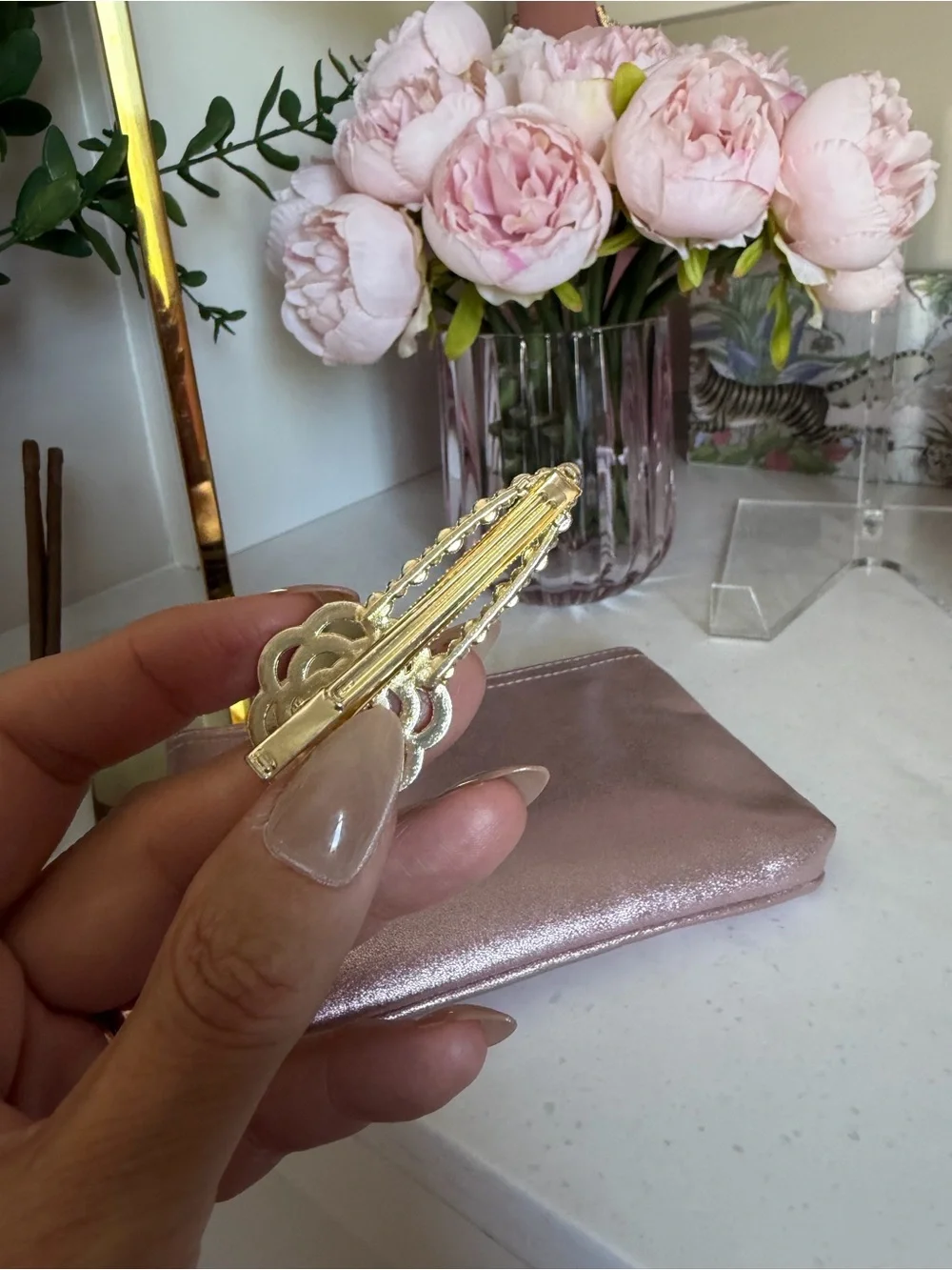 Metallic pink Wristlet Pouch - Elegant Clutch Bag w camellia clip